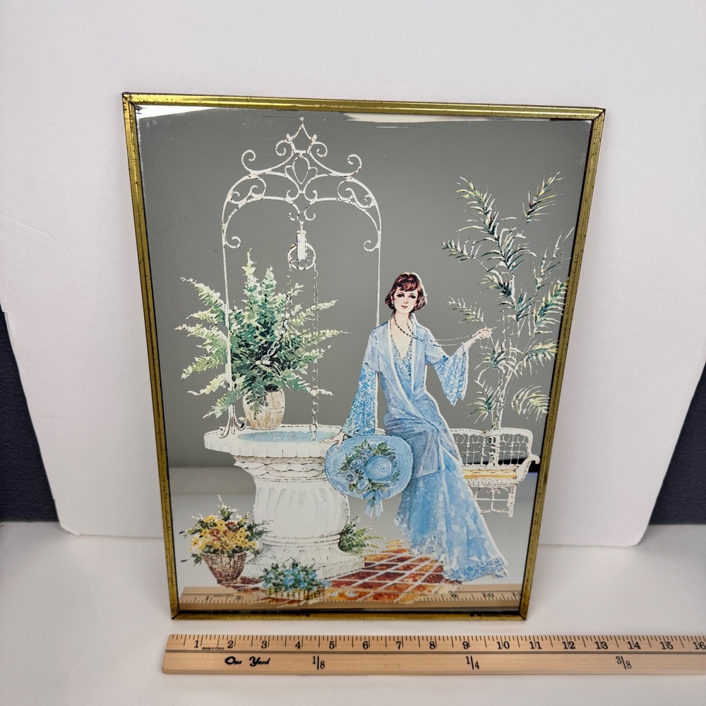 Vtg Art Deco Reverse Painted on Mirror Woman Blue Dress Hat Fountain Gold Accent